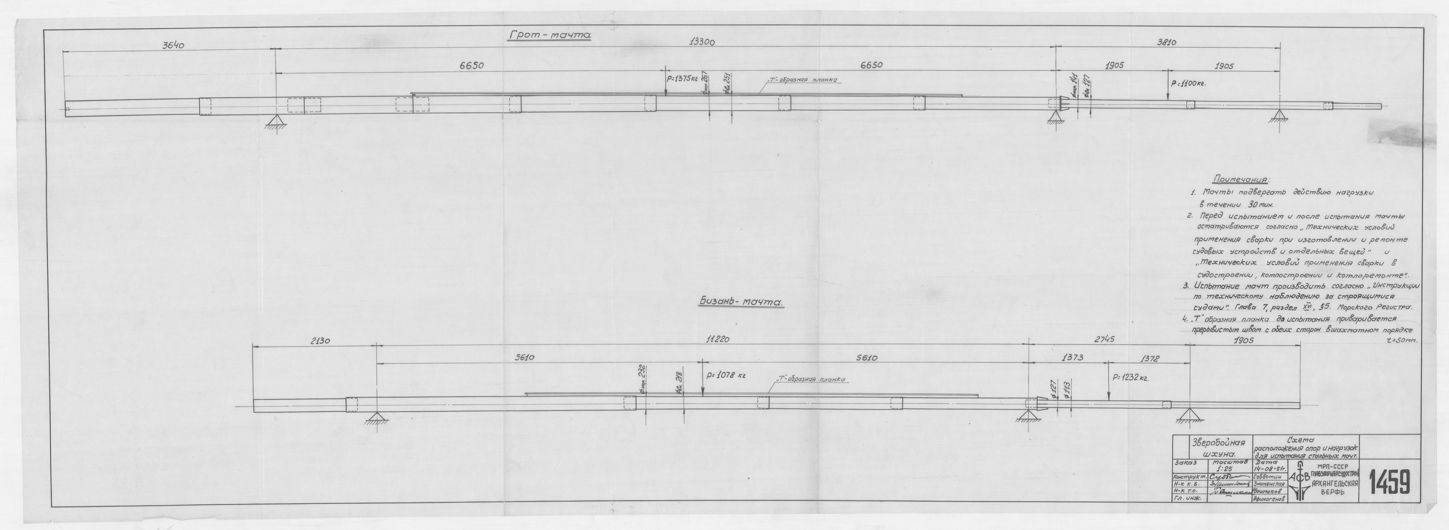 1459_ЗверобойнаяШхуна_ИспытанияСтальныхМачт_РасположениеОпориНагрузок_Схема_1951