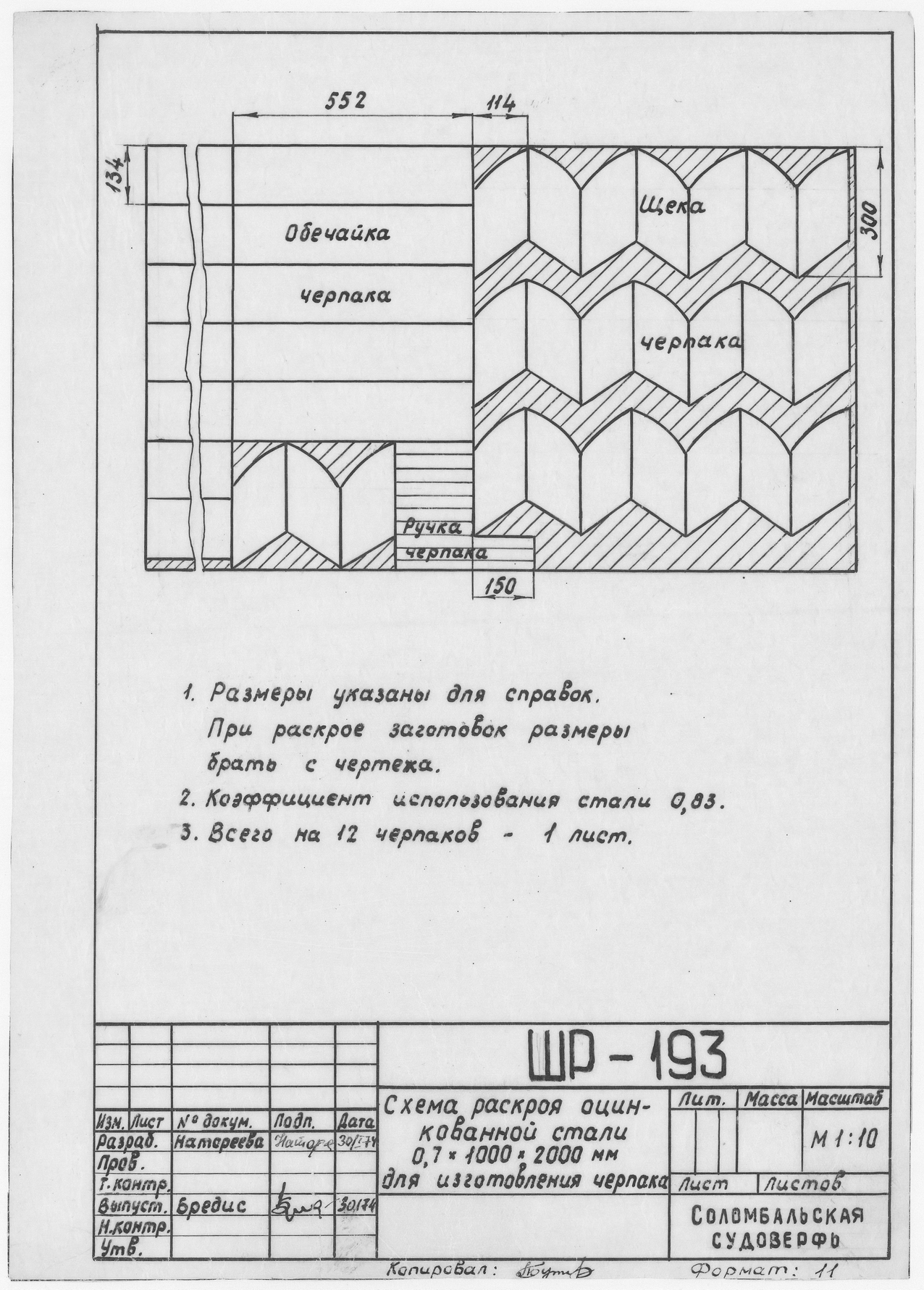 ШР_193_ШлюпкаРабочая_Черпак_СхемаРаскрояОцинкованнойСтали_1974