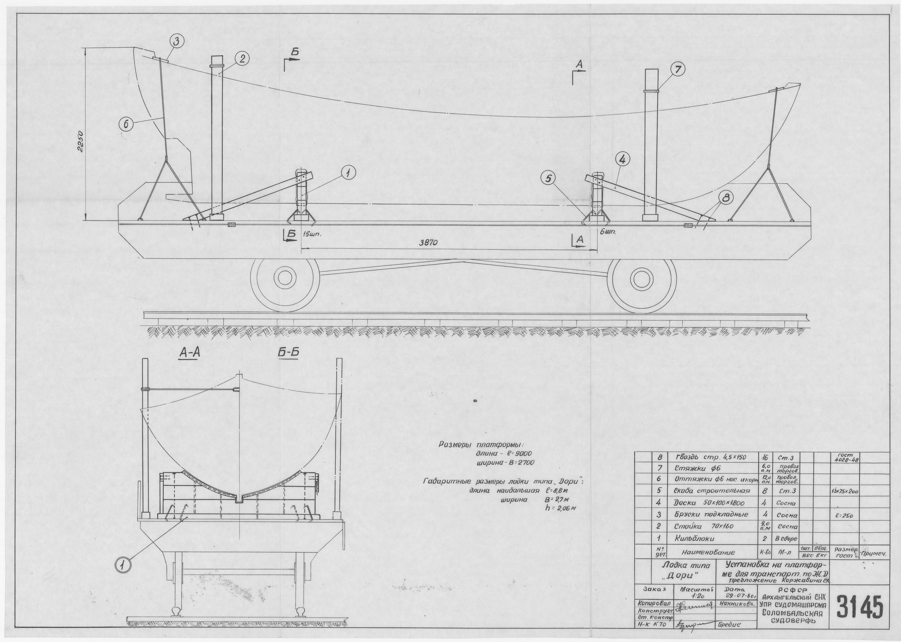 3145_Коржавин_УстановкаНаПлатформеДляТранспортировкиЛодкиДори_1960
